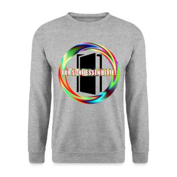 Tuer schliessen bitte | Tür schließen bitte - Unisex Pullover - Weißgrau meliert - Vorne - Alina (178cm) & Michal (187cm)