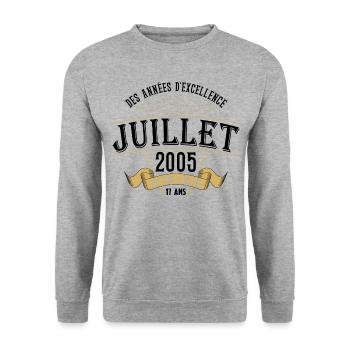 17 Ans Anniversaire Vintage Né(e) en Juillet 2005 - Sweat-shirt Unisexe - gris chiné - Devant - Alina (178cm) & Michal (187cm)