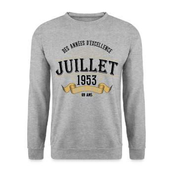 69 Ans Anniversaire Vintage Né(e) en Juillet 1953 - Sweat-shirt Unisexe - gris chiné - Devant - Alina (178cm) & Michal (187cm)