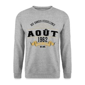 60 Ans Anniversaire Vintage Né(e) en Août 1962 - Sweat-shirt Unisexe - gris chiné - Devant - Alina (178cm) & Michal (187cm)