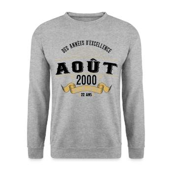 22 Ans Anniversaire Vintage Né(e) en Août 2000 - Sweat-shirt Unisexe - gris chiné - Devant - Alina (178cm) & Michal (187cm)