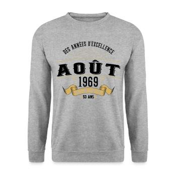 53 Ans Anniversaire Vintage Né(e) en Août 1969 - Sweat-shirt Unisexe - gris chiné - Devant - Alina (178cm) & Michal (187cm)