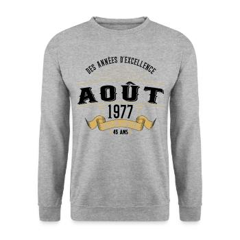 45 Ans Anniversaire Vintage Né(e) en Août 1977 - Sweat-shirt Unisexe - gris chiné - Devant - Alina (178cm) & Michal (187cm)