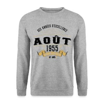 67 Ans Anniversaire Vintage Né(e) en Août 1955 - Sweat-shirt Unisexe - gris chiné - Devant - Alina (178cm) & Michal (187cm)