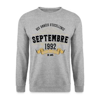 30 Ans Anniversaire Vintage Né(e) Septembre 1992 - Sweat-shirt Unisexe - gris chiné - Devant - Alina (178cm) & Michal (187cm)