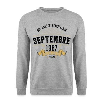 35 Ans Anniversaire Vintage Né(e) Septembre 1987 - Sweat-shirt Unisexe - gris chiné - Devant - Alina (178cm) & Michal (187cm)