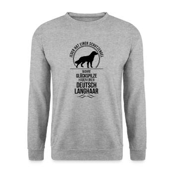 DEUTSCH LANGHAAR Schutzengel Hunde Spruch Wilsigns - Unisex Pullover - Weißgrau meliert - Vorne - Alina (178cm) & Michal (187cm)