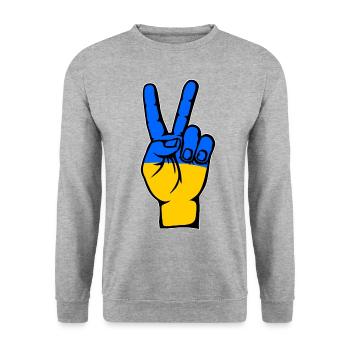 Ukraine Flagge Frieden Victory Symbol - Unisex Pullover - Weißgrau meliert - Vorne - Alina (178cm) & Michal (187cm)