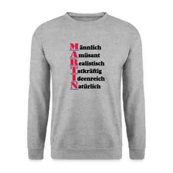 Martin ,Vorname,Namensschild,Name,Fun Shirt (25) - Unisex Pullover - Weißgrau meliert - Vorne - Alina (178cm) & Michal (187cm)