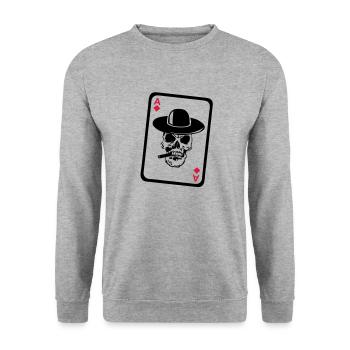 Poker-Ass Schädel Tod Kopf tot Karte MAP4 - Unisex Pullover - Weißgrau meliert - Vorne - Alina (178cm) & Michal (187cm)