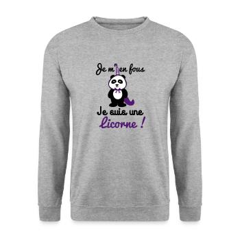 je m'e fous licorne, cadeau panda, licorne, panda - Sweat-shirt Unisexe - gris chiné - Devant - Alina (178cm) & Michal (187cm)