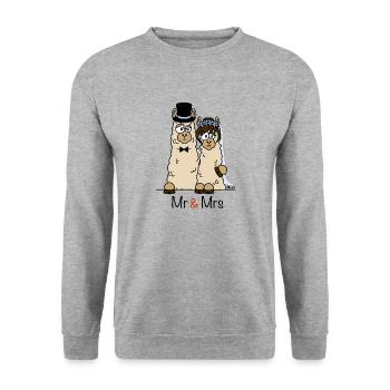 Mrs & Mrs llamas, married couple, wedding party - Unisex Sweatshirt - salt & pepper - Front - Alina (178cm) & Michal (187cm)
