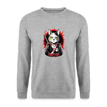 Samurai-Katze - Unisex Pullover - Weißgrau meliert - Vorne - Alina (178cm) & Michal (187cm)