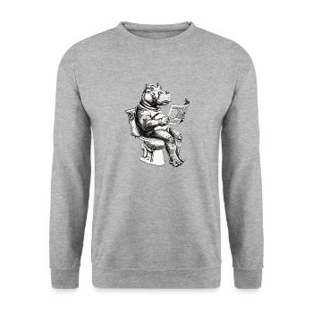 Lachendes Nilpferd mit Zeitung - Unisex Pullover - Weißgrau meliert - Vorne - Alina (178cm) & Michal (187cm)