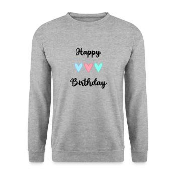 HAPPY BIRTHDAY. JOYEUX ANNIVERSAIRE. ANNIVERSAIRE. - Sweat-shirt Unisexe - gris chiné - Devant - Alina (178cm) & Michal (187cm)