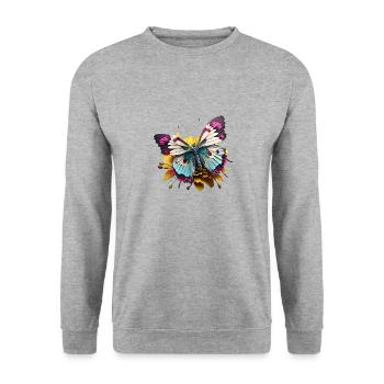 Bunter Schmetterling mit Blume Sommermotiv Cartoon - Unisex Pullover - Weißgrau meliert - Vorne - Alina (178cm) & Michal (187cm)