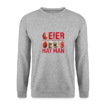 Eier sucht man nicht – Eier hat man – Red Edition - Unisex Pullover - Weißgrau meliert - Vorne - Alina (178cm) & Michal (187cm)