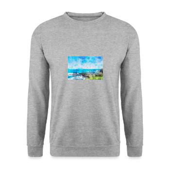 Wasserfarben Bild von Hunderten von Möwen - Unisex Pullover - Weißgrau meliert - Vorne - Alina (178cm) & Michal (187cm)