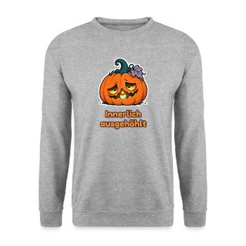 Innerlich ausgehöhlt – Müde Kürbislaterne - Unisex Pullover - Weißgrau meliert - Vorne - Alina (178cm) & Michal (187cm)