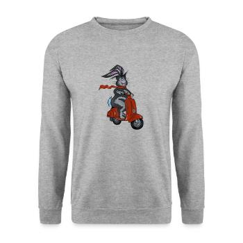 Hase auf Roller als Kurier - Unisex Pullover - Weißgrau meliert - Vorne - Alina (178cm) & Michal (187cm)