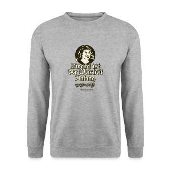 Descartes Zitat Zweifel ist der Weisheit Anfang - Unisex Pullover - Weißgrau meliert - Vorne - Alina (178cm) & Michal (187cm)