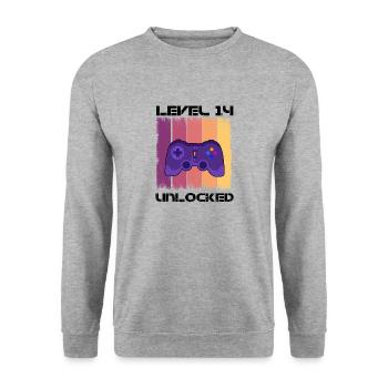 Level 14 Unlocked Zocker Gamer Geburtstag Gaming - Unisex Pullover - Weißgrau meliert - Vorne - Alina (178cm) & Michal (187cm)