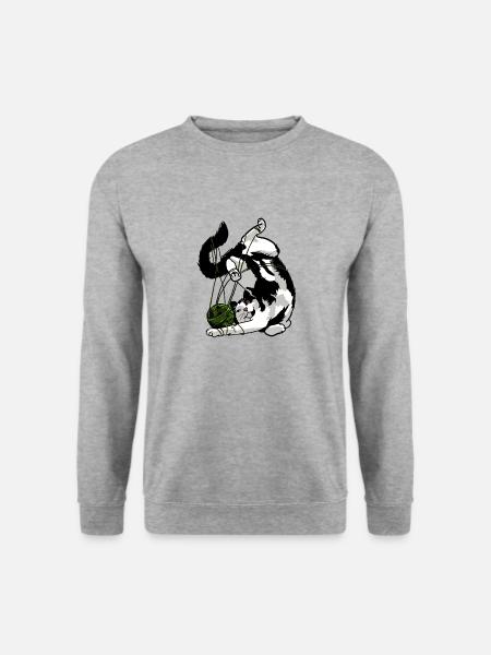 Niedliche Katze spielend mit grünem Garnknäuel - Unisex Pullover - Weißgrau meliert