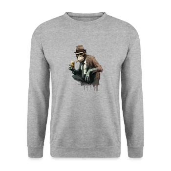 Gangster Schimpanse mit Bier in der Hocke - Unisex Pullover - Weißgrau meliert - Vorne - Alina (178cm) & Michal (187cm)