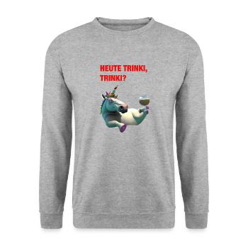 Betrunkenes Einhorn auf dem Rücken „HEUTE TRINKI?“ - Unisex Pullover - Weißgrau meliert - Vorne - Alina (178cm) & Michal (187cm)
