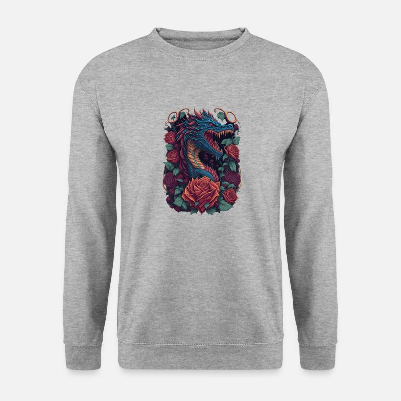 Roter Drache mit roten Rosen Drachen - Unisex Pullover - Weißgrau meliert