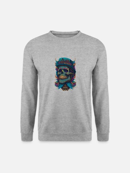 Skelett Totenkopf mit Hut und Blumen Cool Comic - Unisex Pullover - Weißgrau meliert