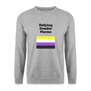Nicht-binäre Flagge, die sich den Geschlechternormen widersetzt - Unisex Pullover - Weißgrau meliert - Vorne - Alina (178cm) & Michal (187cm)