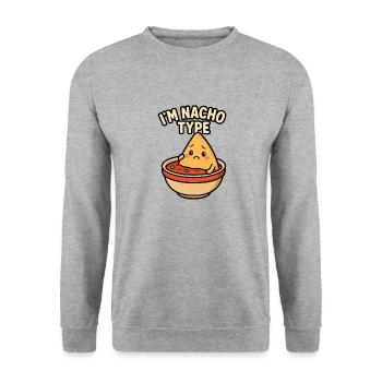 I'm Nacho Type – Lustiges trauriges Nacho-Wortspiel Design - Unisex Pullover - Weißgrau meliert - Vorne - Alina (178cm) & Michal (187cm)