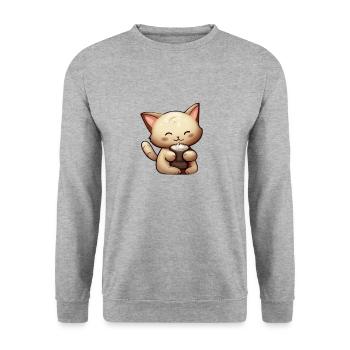 Kaffee trinkende Katze - Unisex Pullover - Weißgrau meliert - Vorne - Alina (178cm) & Michal (187cm)
