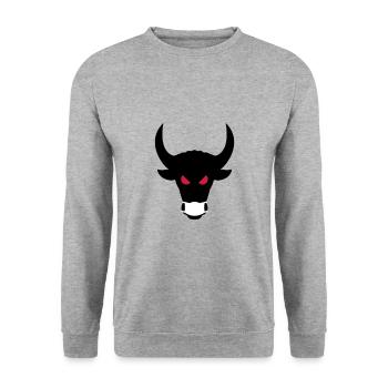 ★ Designfarben änderbar ★ Böser Stier mit Maske - Unisex Pullover - Weißgrau meliert - Vorne - Alina (178cm) & Michal (187cm)
