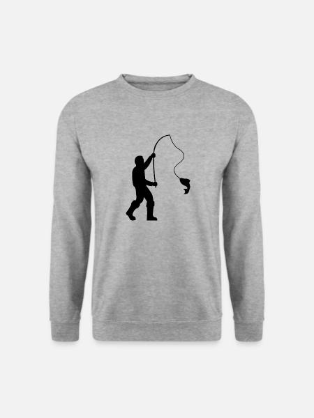 Fischer mit Angelrute und Fisch - Unisex Pullover - Weißgrau meliert