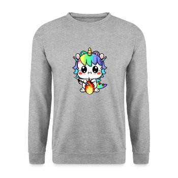 00221 süßes Drachen Einhorn Baby spielt mit Feuer - Unisex Pullover - Weißgrau meliert - Vorne - Alina (178cm) & Michal (187cm)