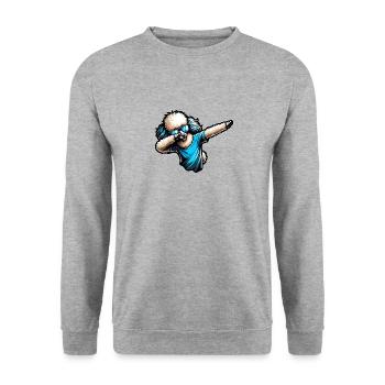 Cooler Pudel Dabbing Stilvolles Design - Unisex Pullover - Weißgrau meliert - Vorne - Alina (178cm) & Michal (187cm)