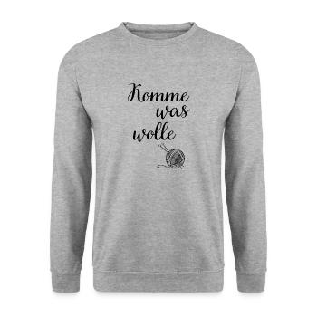 Komme was Stricken Hobby wolle Handarbeit Geschenk - Unisex Pullover - Weißgrau meliert - Vorne - Alina (178cm) & Michal (187cm)
