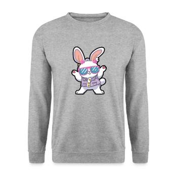 Osterhase - Tanzender Hase mit Retro Sonnenbrille - Unisex Pullover - Weißgrau meliert - Vorne - Alina (178cm) & Michal (187cm)