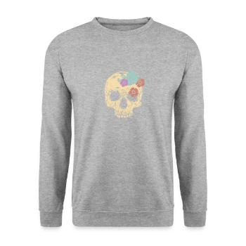 Von der alten Schule inspiriertes Blumenschädel-Design - Unisex Pullover - Weißgrau meliert - Vorne - Alina (178cm) & Michal (187cm)