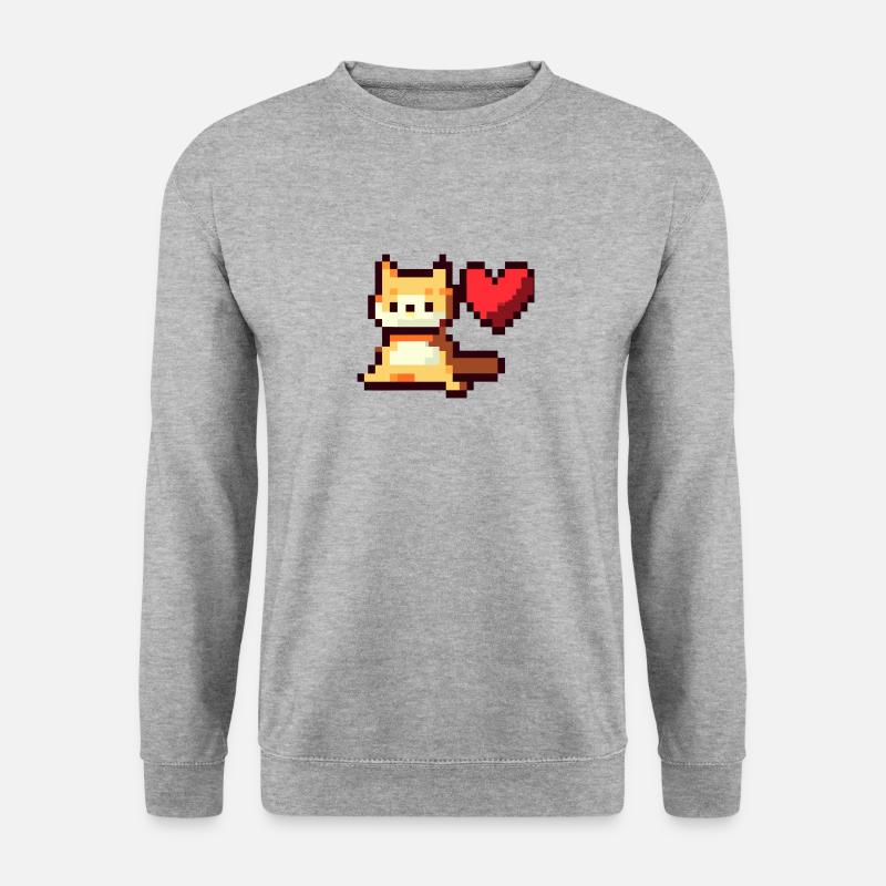 Pixelart, Cat with Heart - Unisex Pullover - Weißgrau meliert