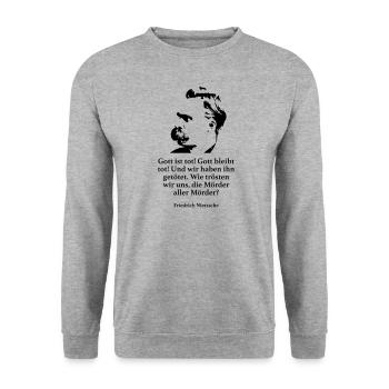 Nietzsche: Gott ist tot! Gott bleibt tot! Und wir - Unisex Pullover - Weißgrau meliert - Vorne - Alina (178cm) & Michal (187cm)