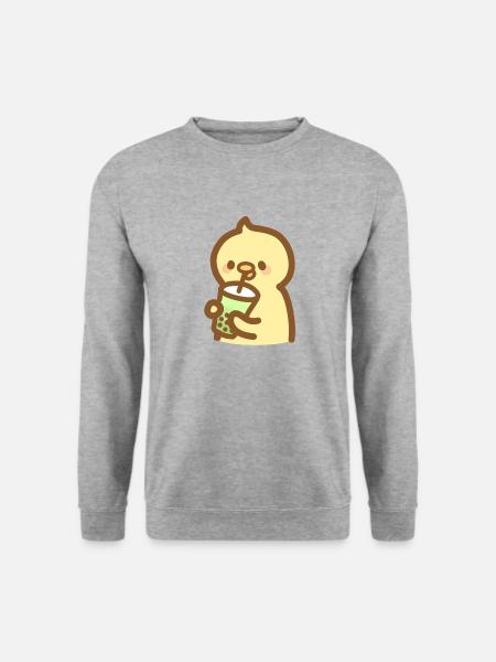 Kawaii yellow baby duck drinking bubble tea - Unisex Pullover - Weißgrau meliert