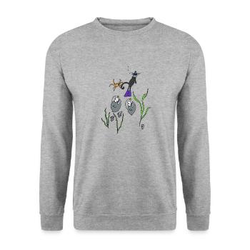 Squiti die schwarze Katze schwimmt mit Fischen - Unisex Pullover - Weißgrau meliert - Vorne - Alina (178cm) & Michal (187cm)