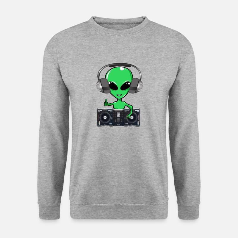 Lustiger grüner DJ Alien - Unisex Pullover - Weißgrau meliert
