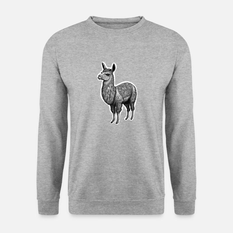 Schwarz-Weiß-Lama-Zeichnung mit Mustern - Unisex Pullover - Weißgrau meliert