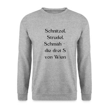 Schnitzel, Strudel, Schmäh - lustiger Wien-Spruch - Unisex Pullover - Weißgrau meliert - Vorne - Alina (178cm) & Michal (187cm)
