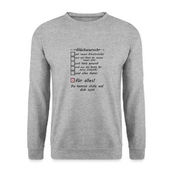 neue Arbeitsstelle Arbeit Stelle Glückwunsch - Unisex Pullover - Weißgrau meliert - Vorne - Alina (178cm) & Michal (187cm)