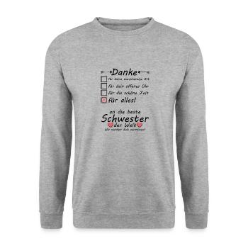 Schwester zieht aus Auszug Danke zum Abschied - Unisex Pullover - Weißgrau meliert - Vorne - Alina (178cm) & Michal (187cm)